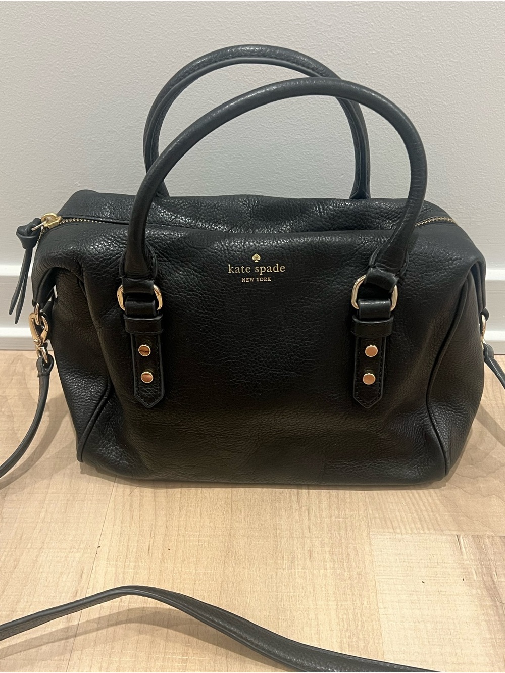 Kate Spade Black Leather Satchel with Gold Accents